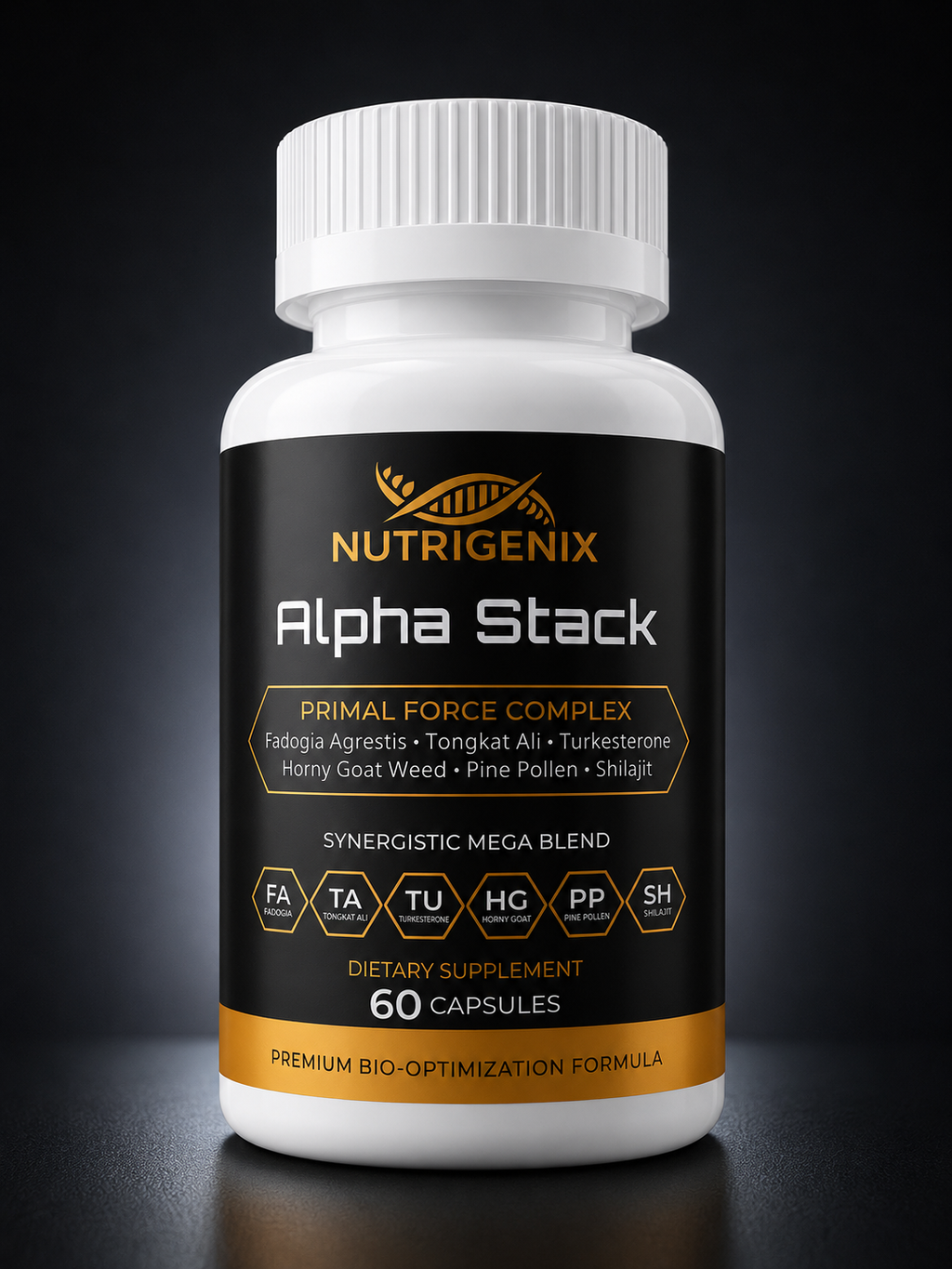 Alpha Stack Fadogia, Tongkat Ali, Turkesterone, Horny Goat Weed, Pine Pollen, Shilajit / 60 Caps